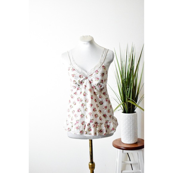 Unbranded Tops - Unbranded Floral Camisole Women Medium White Pink Y2K Lace Ruffle Hem‎ Cotton